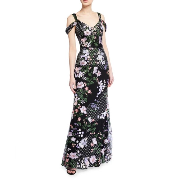 Marchesa Notte Cold-Shoulder Lattice Embroidered Gown w/ 3D Flowers - Picture 1 of 9